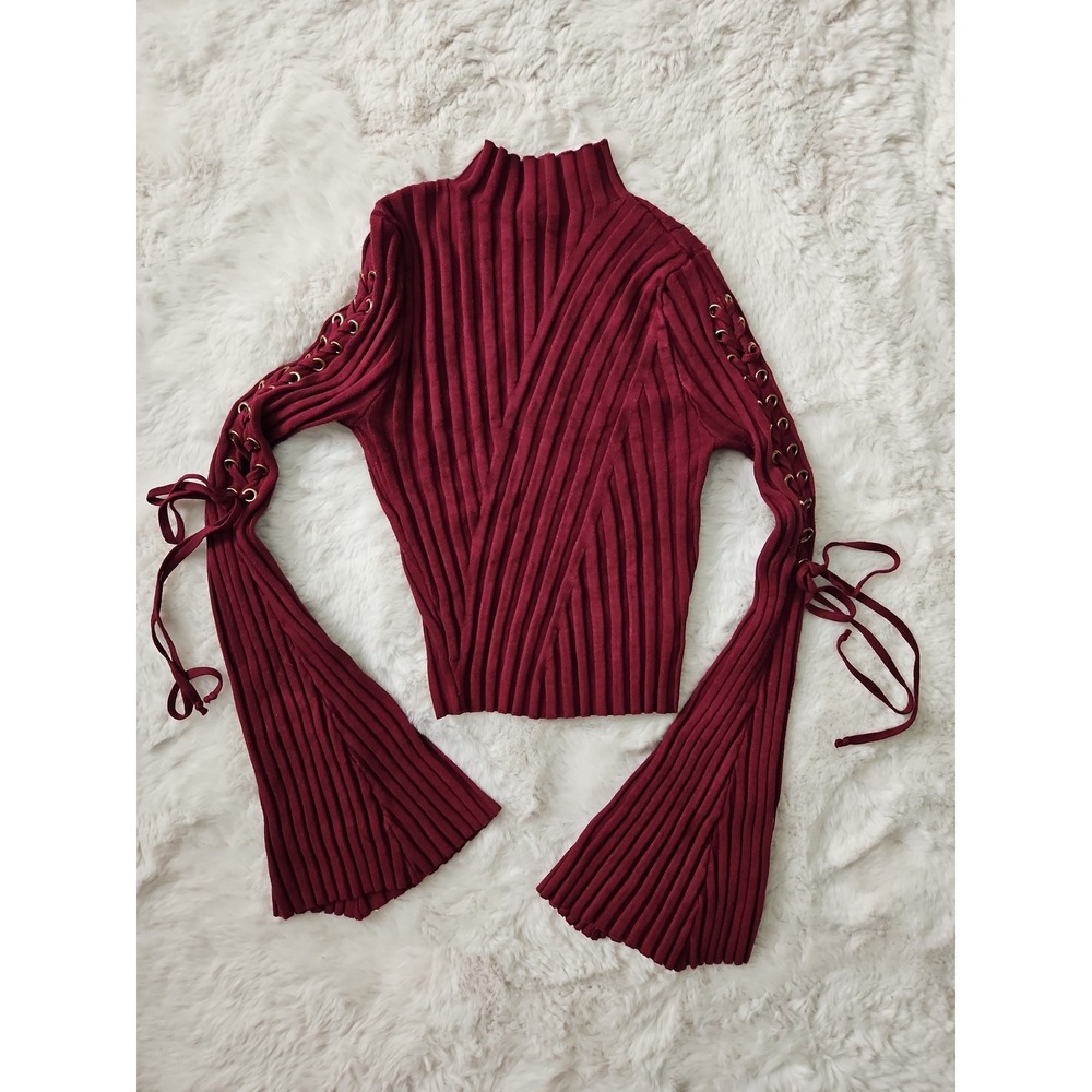 Fashion Nova Ribbed Knit Sweater Small Burgundy Lace Up Cold Shoulder Bell Sleev